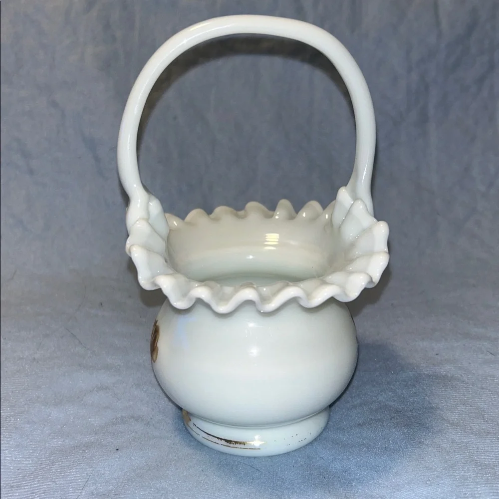 Fenton Hand Painted Rose Ruffle Basket White Glass Faded Gold Trim